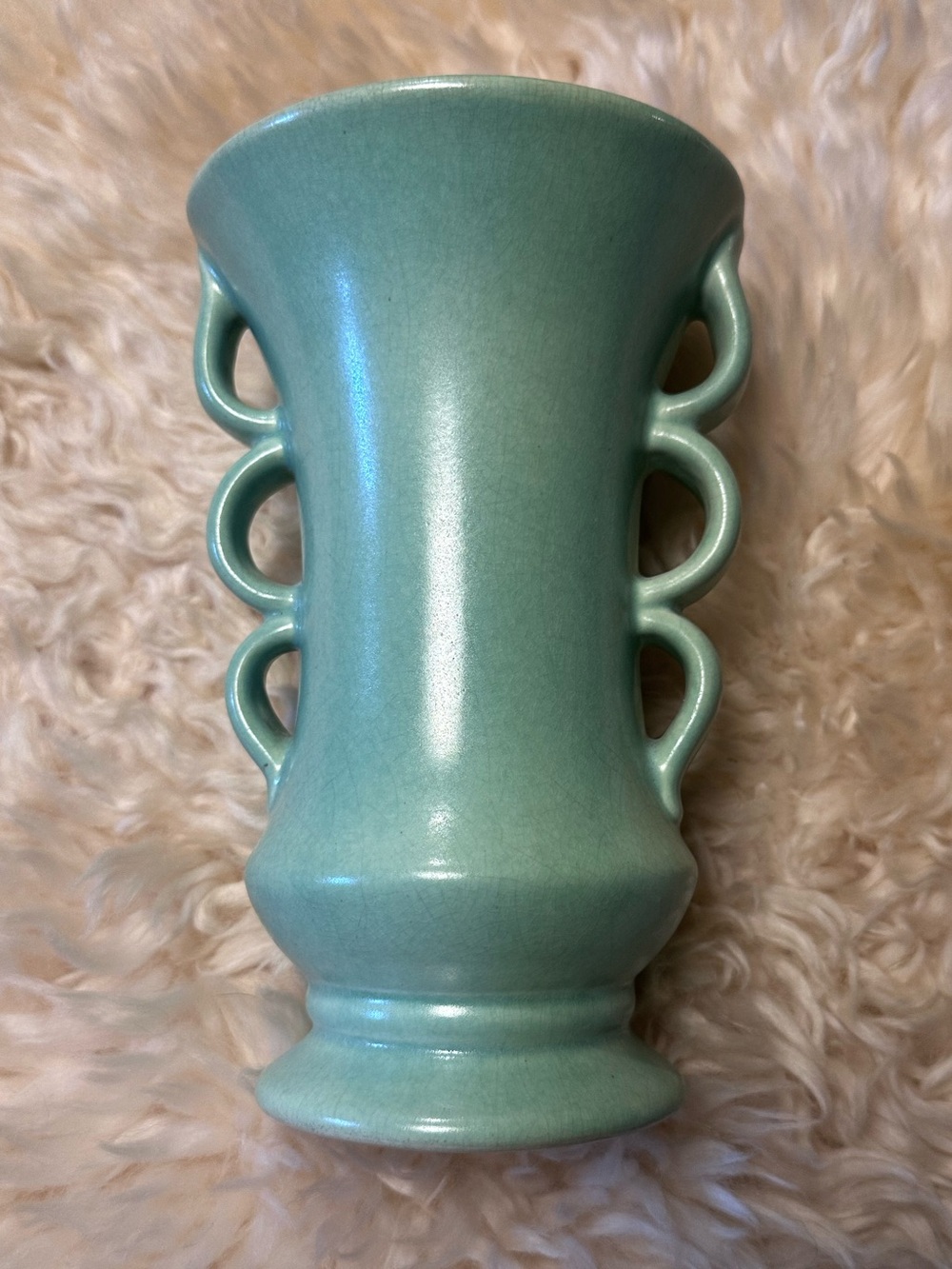Vintage RumRill 639 Green Art Pottery Vase Triple Tier Loop Handles